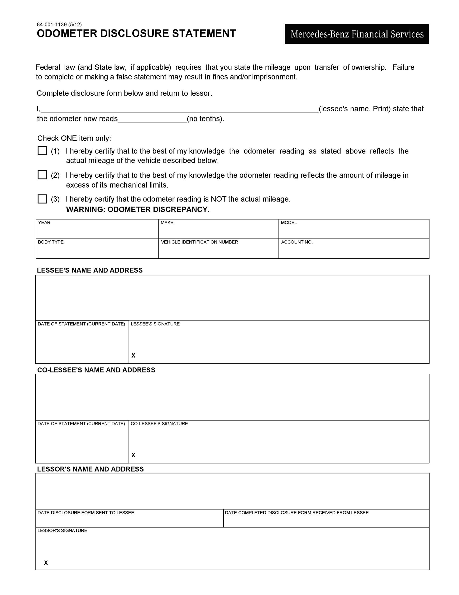 dmv odometer disclosure statement form